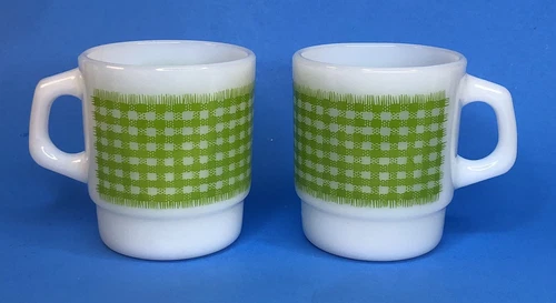 2 Vintage Fire King Green Gingham Plaid Stackable Milk Glass Mugs