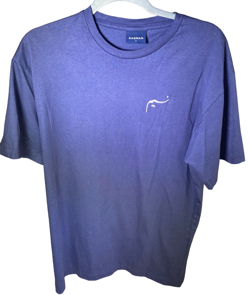 Mens Basic Ragman Navy Blue T Shirt Embroided Logo 100 Cotton Size Medium