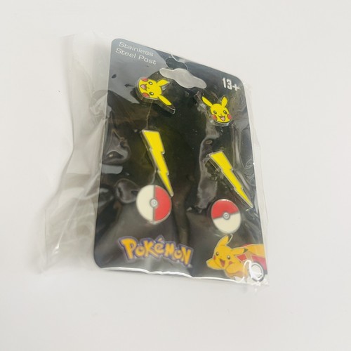 Set 3 Orecchini Pokemon Pikachu Fulmine Pokeball Borchia Acciaio Inox - Foto 3 di 5