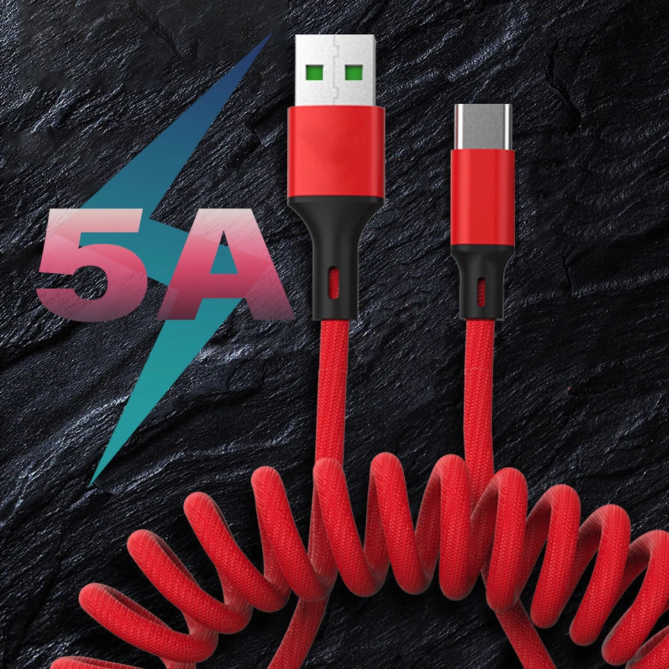 40W Fast Charging USB-A to C Cable Coiled Spring Nylon Braided Cord for Samsung - Image 2 of 4