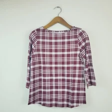 Charter Club Womens Large Harvest Wine Cotton Plaid 3/4 Sleeve Top NWT BR87