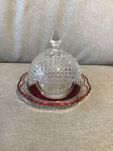 Vintage Cranberry Glass Butter Dish With Dome Lid Diamond Point Handle - Picture 1 of 6