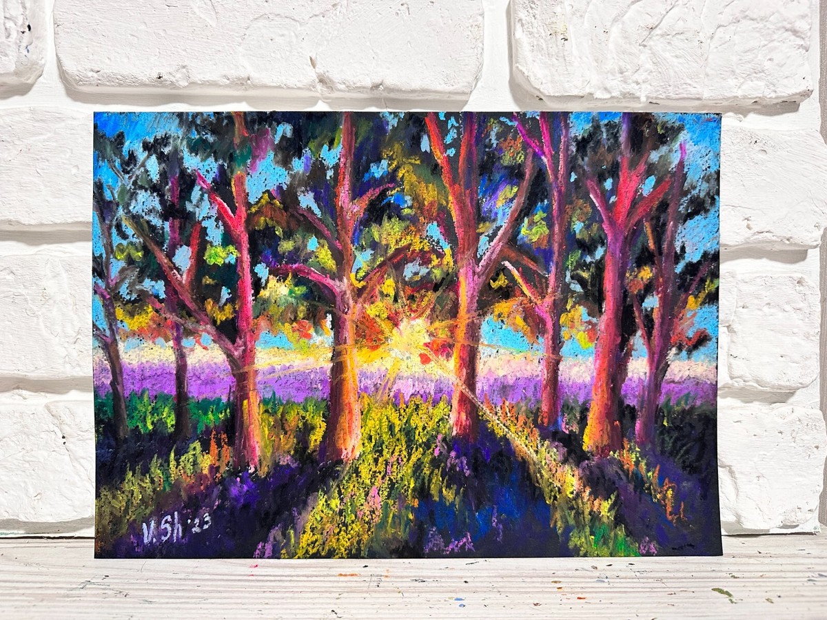 Oil pastel original AUTUMN LANDSCAPE SUNSET Forest Wall Art