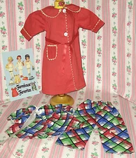 1950s Factory 3 pc DOLL ROBE & PAJAMAS set Reds/Plaid! CuTe! (8 3/4 in L robe)