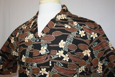 VTG MALIHINI Black Cotton Aloha Hawaiian Shirt Outriggers and Oars Sz L USA Made