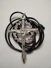 2" Silver Crown of Thorns NAIL Crucifix Cross Necklace black leather chain