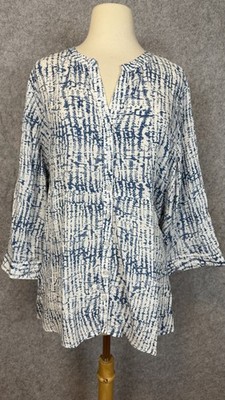 Jones New York JNY Tunic Top Women Sz 2X Boho Blue White PrintedRoll Tab Sleeves