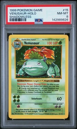 1999 POKEMON BASE SET SHADOWLESS #15 VENUSAUR-HOLO PSA 8