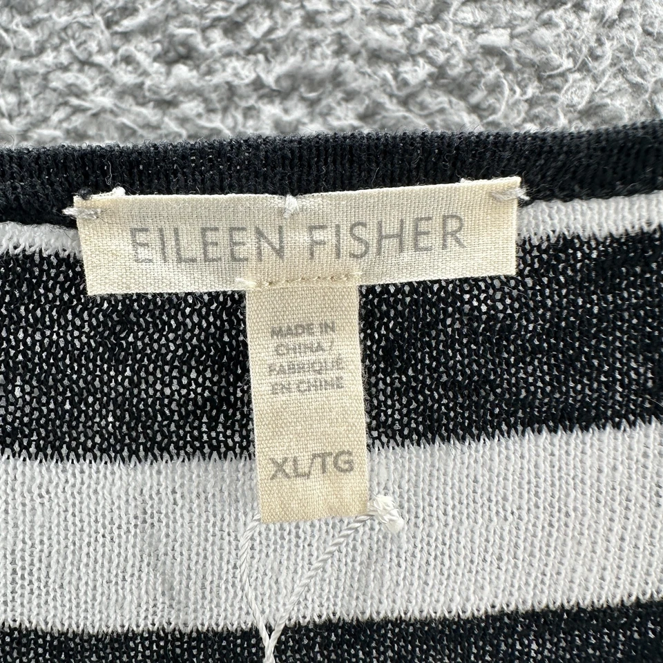 Blusa Top Mujer Eileen Fisher XL Negro Blanco Rayas Manga Larga Lino Foto 3 de 4
