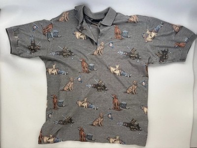 Vintage Bobby Jones Gray Gold Polo All-over Print Of Dogs As Caddies Size M