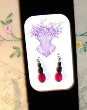 VINTAGE RED & BLACK GUNMETAL GLASS DROP BEADED EARRINGS 4 FRENCH,HURET,LADY DOL