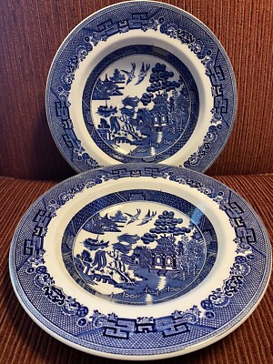 2 Vintage BLUE WILLOW Soup/Salad Bowls 8.5   Staffordshire England NEW Set 2