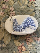 Prestige Place Blue Rooster Museum Folk Art Pottery Covered Dish Oval Trinket