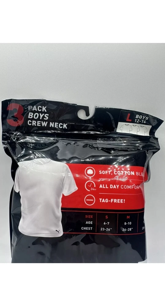 Pack de 3 camisetas blancas Puma de corte clásico cuello redondo para niños elige la talla Foto 2 de 4