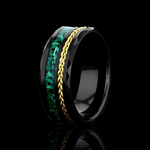 Ring-Men's Black Tungsten Hammered Malachite Ring with Yellow Braided ...