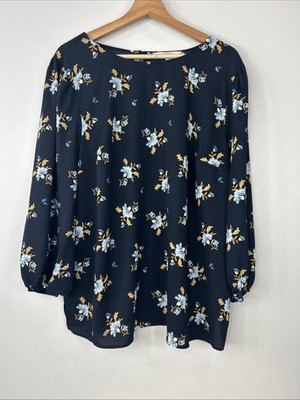 Loft Women s 18 Navy Blue Floral Long Sleeve Round Neck Casual Blouse