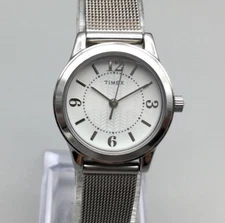 Timex Casey Watch Women 25mm Silver Tone Dial Pattern Mesh Adj Band New Battery