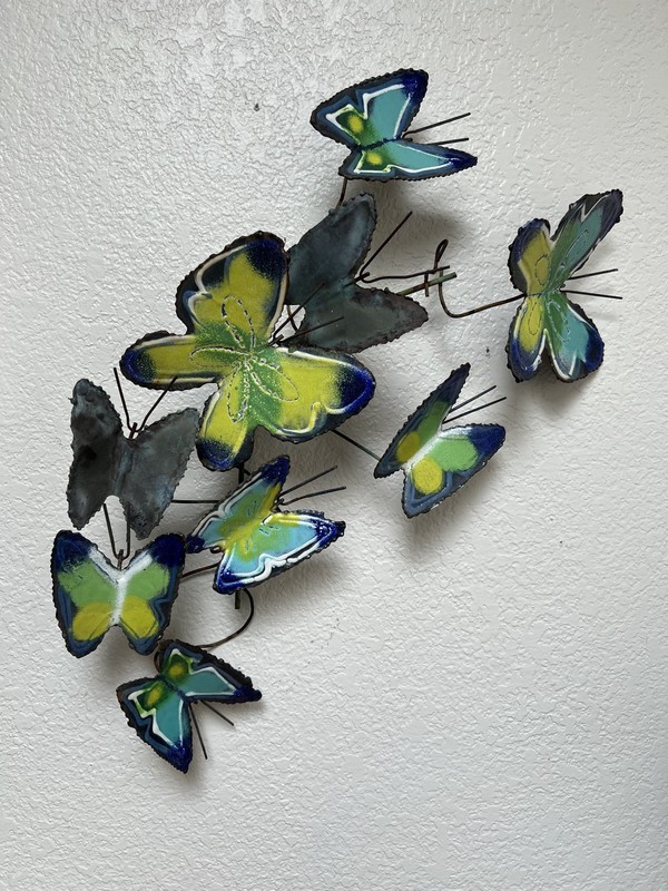 VTG Curtis Jere Enamel Butterfly Metal Wallhanging MCM Signed 1968 Blue Yellow