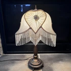 VTG Dale Tiffany Cream Heart Floral Glass Beaded Fringe Boudoir Lamp & Shade