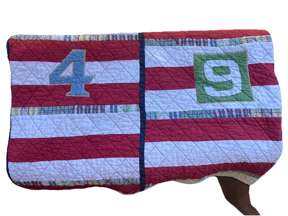 Pottery Barn Kids TWIN Nautical Quilt Red Stripe Madras Number Reversible  Read - Image 2 of 4