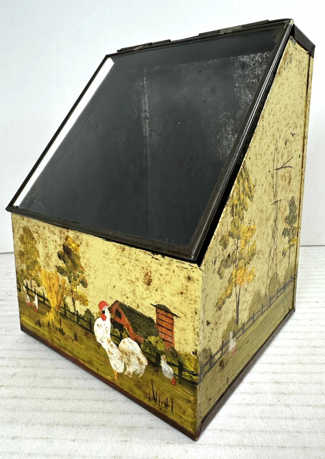 Antique Vintage Glass Top Cookie/Muffin/Biscuit Bin Signed Hand Painted Farm