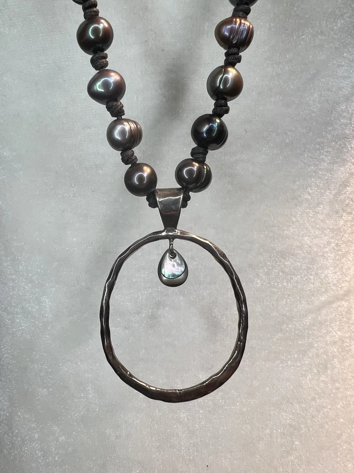 Tahitian Baroque Black Multicolor Pearl Leather Necklace 925 Abalone Pendant 34” - Image 2 of 4