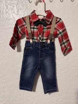 NWT Cat & Jack Baby Boy Holiday Outfits Flannel Suspenders Jeans Bow Tie 0-3m