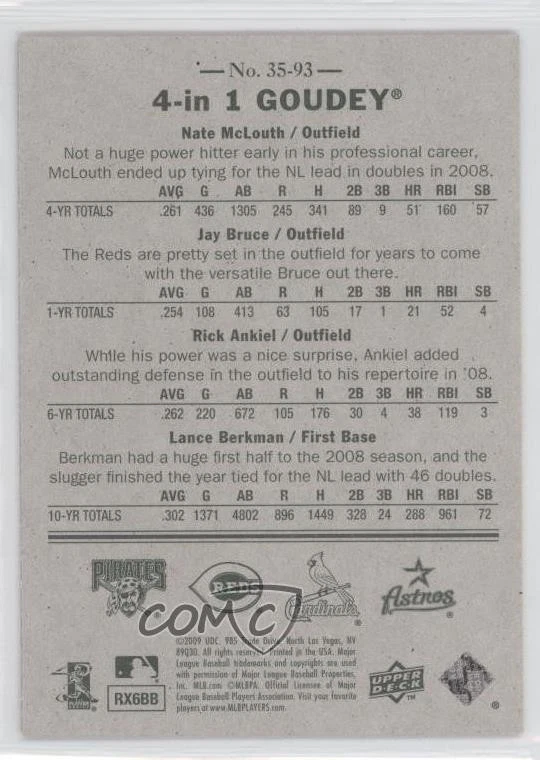 2009 Goudey 4-in-1 Red Nate McLouth Jay Bruce Lance Berkman Rick Ankiel #35-93 - Image 2 of 2