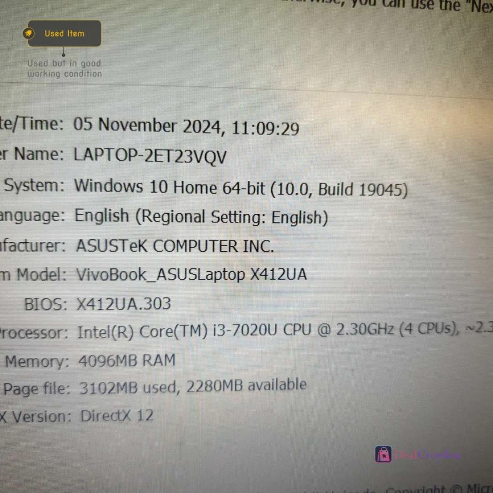 ASUS VIVOBOOK LAPTOP X412UA CORE I3-7020U 4GB RAM 128GB SSD COMPUTER - Image 2 of 4