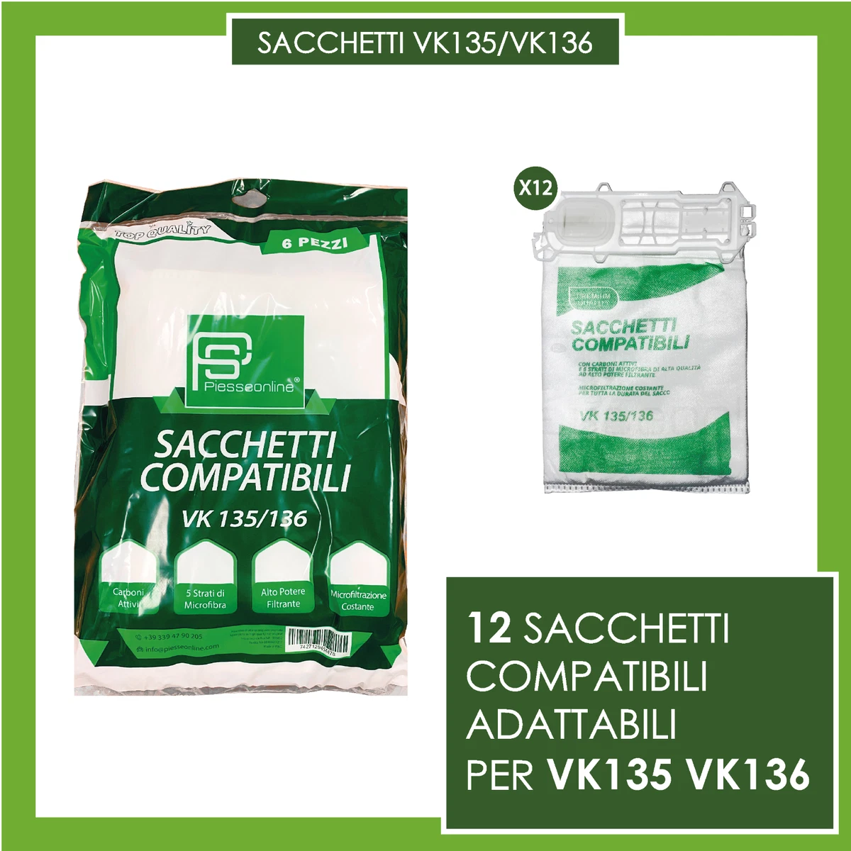 SACCHETTI FOLLETTO VK 140 VK 150 12PZ + GRANULI PROFUMATI PEONIA + FILTRI COMPATIBILI
