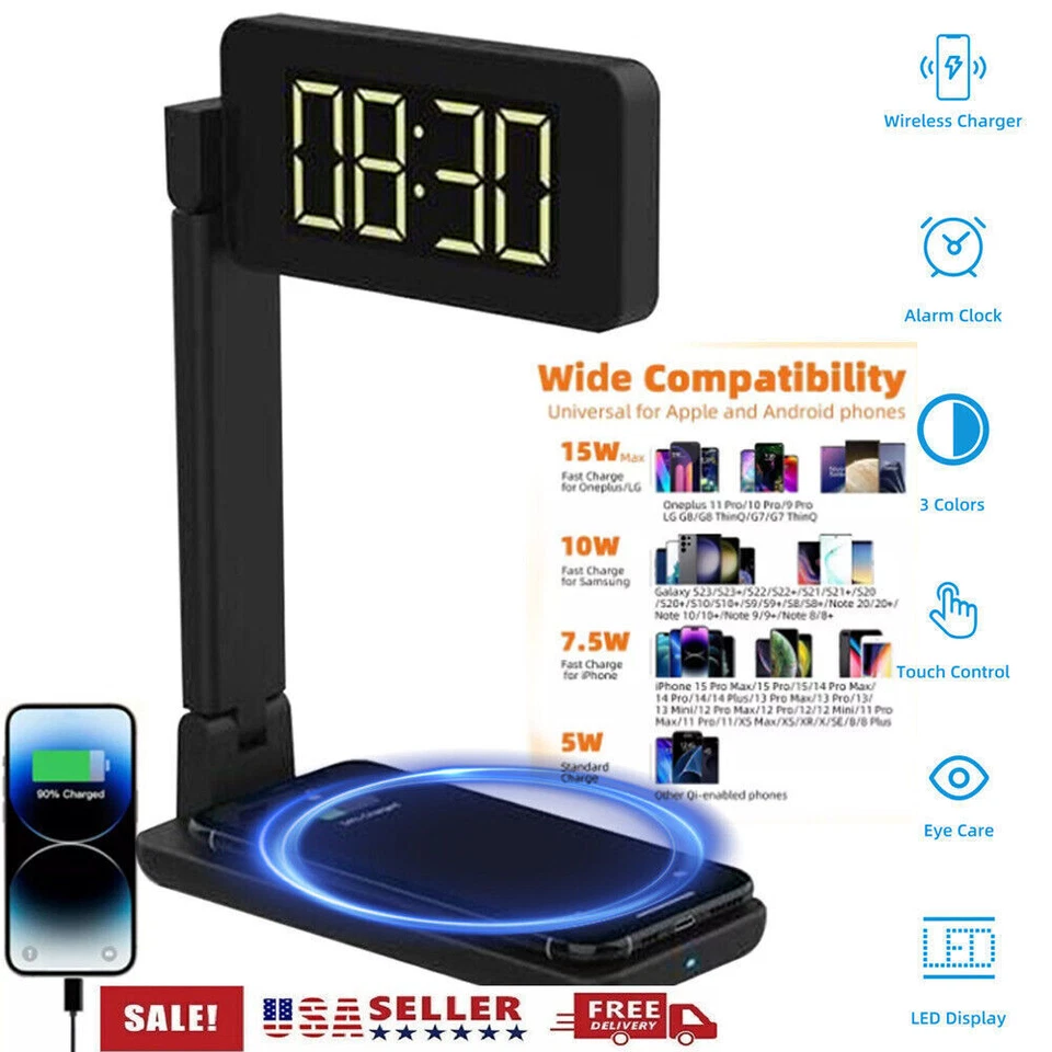 Bedside Night Light Desk Lamp w/ Wireless Charger USB Charging Port Clock Office - Image 2 of 4