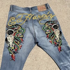 RARE Vintage Ed Hardy Embroidered Dragon Girl Blue Jeans Pants