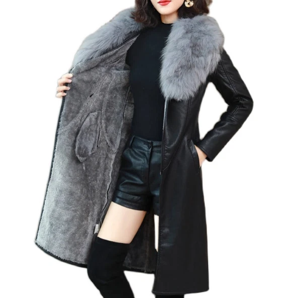 Abrigos de cuero PU para mujer cuello de piel sintética chaqueta de longitud media informal ajustados elegantes cálidos Foto 2 de 4