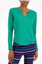 Jenni Women  s Long Sleeve Green Ribbed Split-Neck Pajama Top Size S