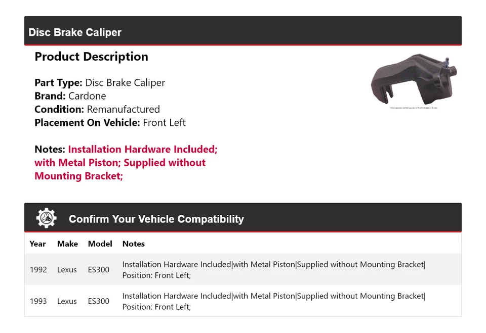 Pinza de freno de disco delantera izquierda cardona para Lexus ES300 1992-1993 Foto 2 de 4