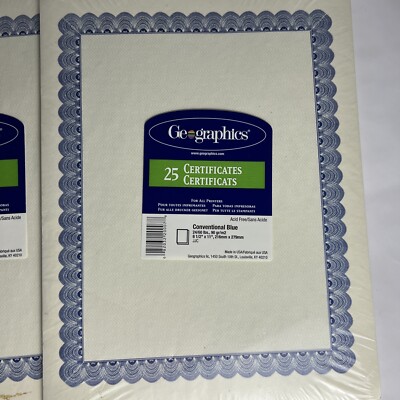 Geographics Certificate Paper 8.5x11  Blue Border 2 Packs (50 Sheets) New