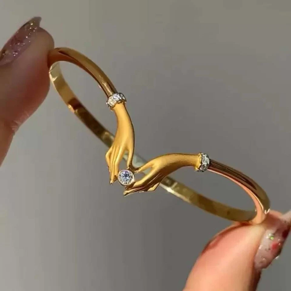 0.50 CTW Created Round Diamond 14K Yellow Gold Plated Love Hands Bangle Bracelet - Image 4 of 4