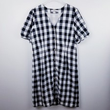 Loft Linen Blend Gingham Button Front V-Neck Dress Womens 12