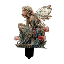 Fairy Garden Stake Decorative, 2D Flat Acrylic Flower Elf Fairy with Poppies