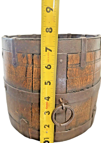 Antique English Grain Bucket Oak Wood Iron/Brass Hand Hammered / Carved Wood - Afbeelding 7 van 13
