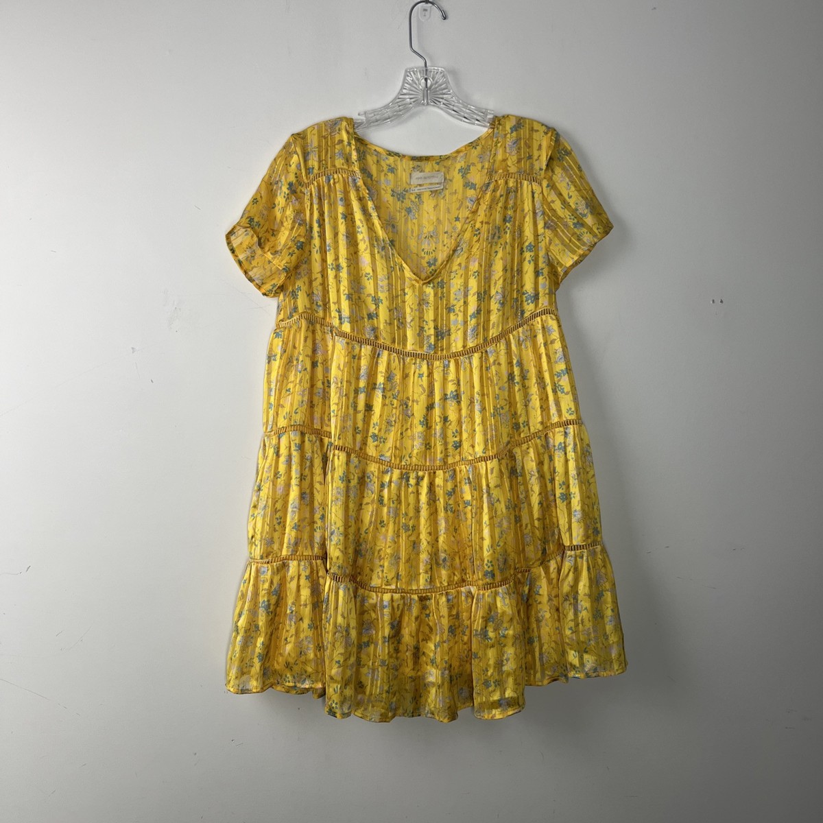 Urban Outfitters Pippa Babydoll Mini Dress Small Yellow Floral Chiffon  Tiered