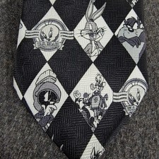 Vintage 1997 Looney Tunes Stamp Collection USPS Mens Tie Black White Argyle 90s