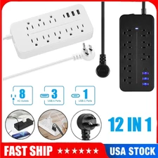US Power Strip Surge Protector 8 AC Outlets 3 USB Ports + Type C Port 4 FT Cable