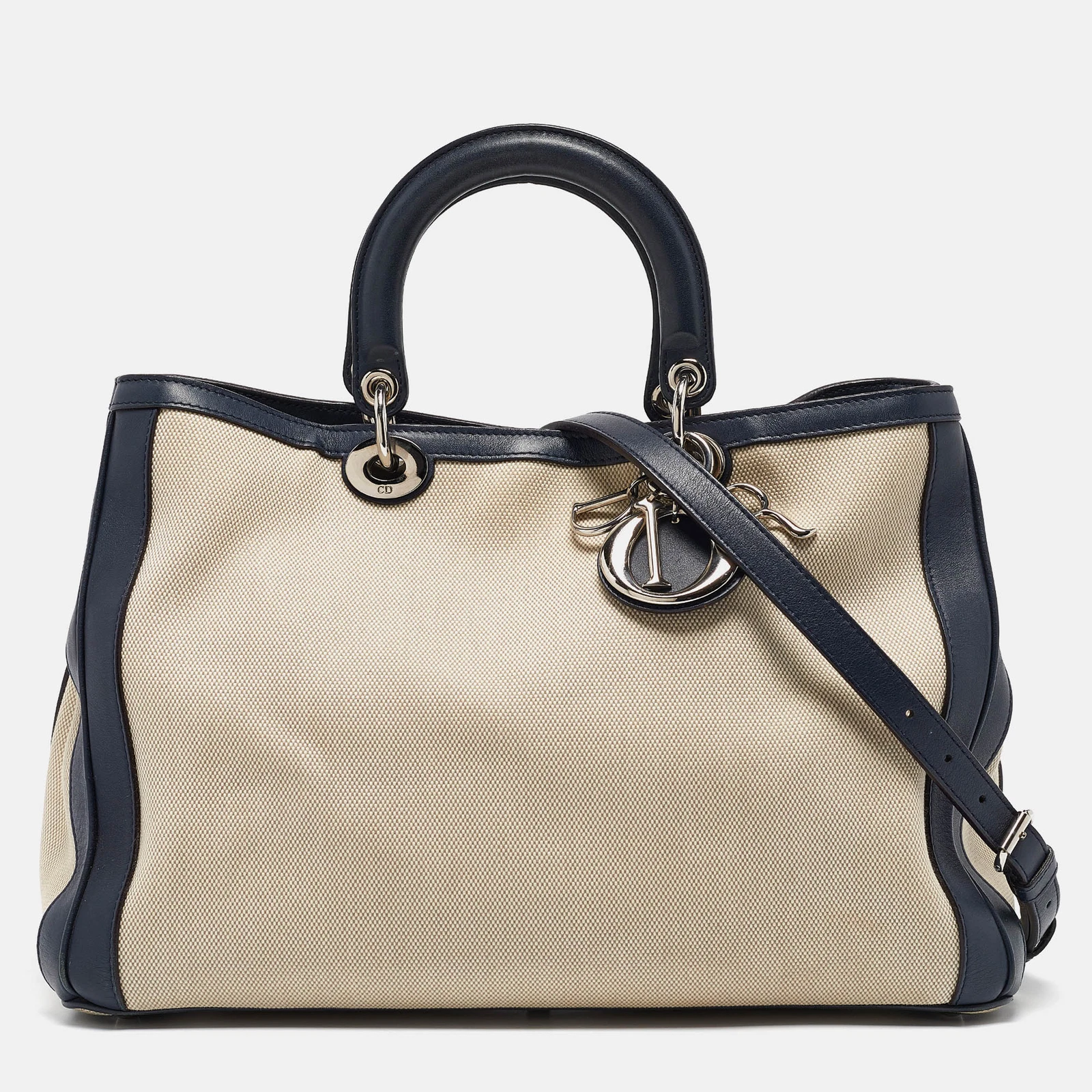Grand sac cabas Dior bleu marine/naturel toile et cuir Diorissimo