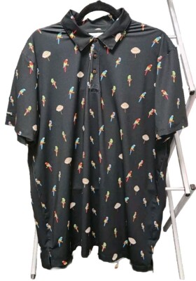 Kenny Flowers Golf Shirt Birdies of Paradise Summer Parrot Men's XL Black Birds