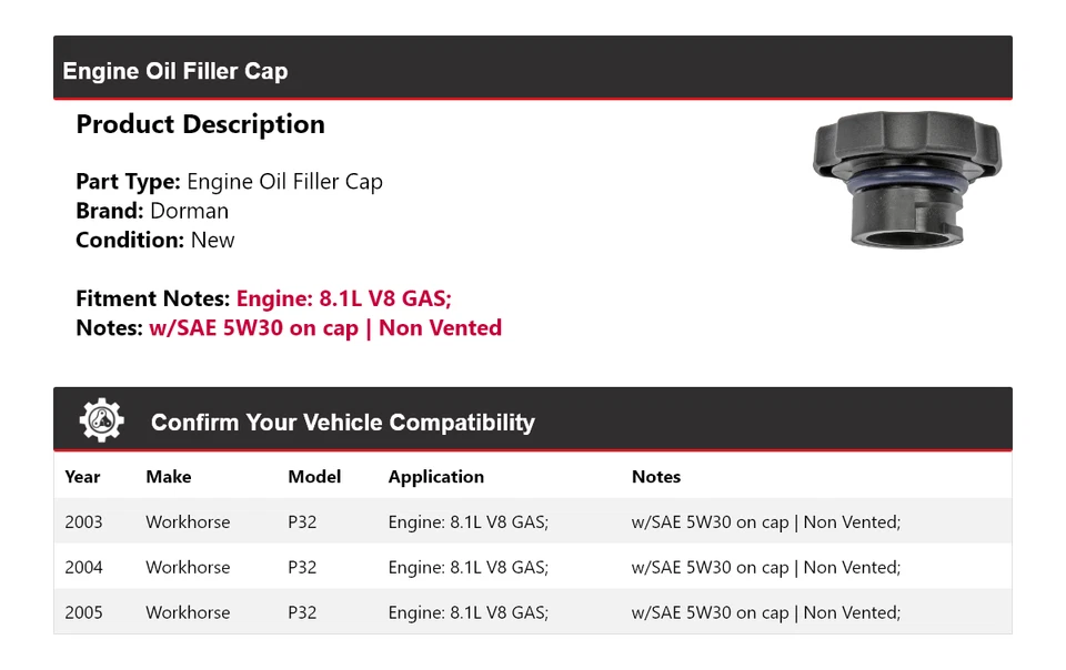 Tapa de llenado de aceite de motor Dorman de gas V8 8,1 L Workhorse P32 2003-2005 2004 Foto 2 de 4