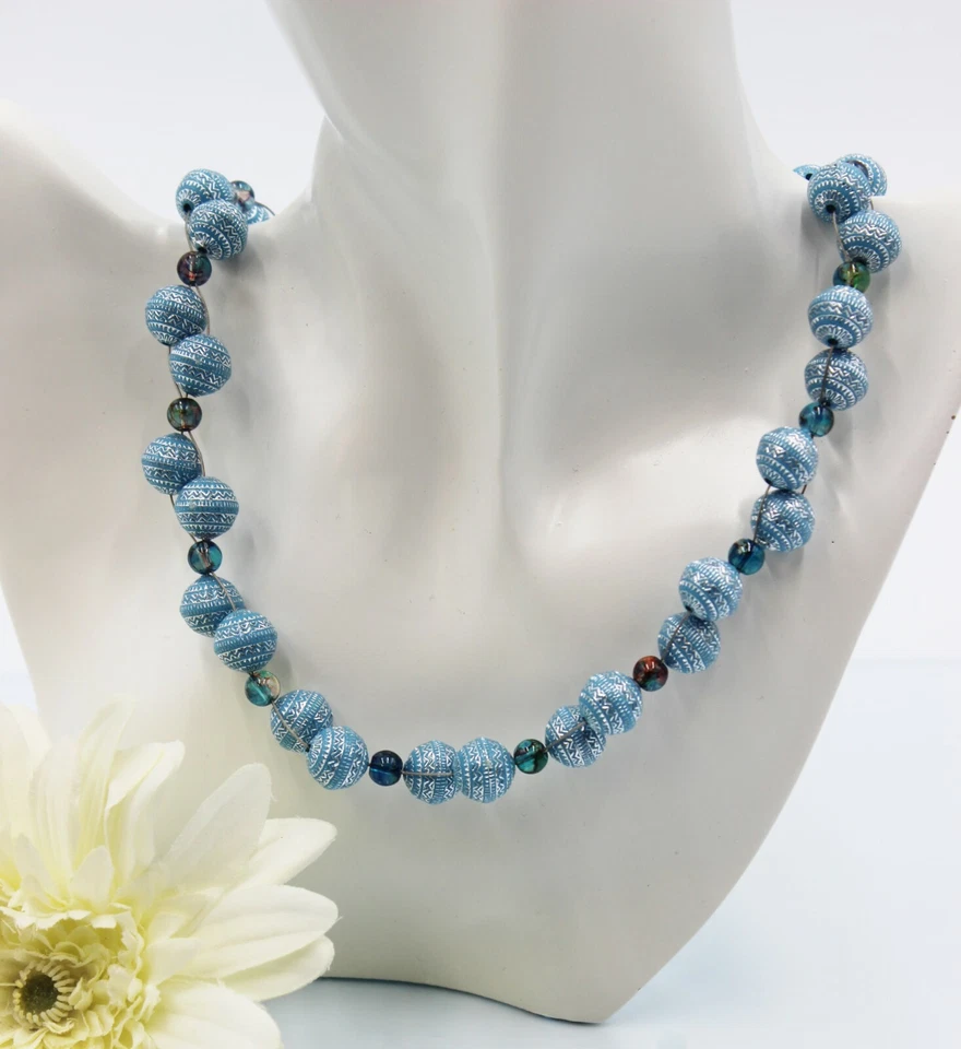 Vetro Gioielli Argento Collana Perle Acrilico Blu Hippie Boho Estate #A024 - Immagine 3 di 3