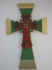  3 LAYER CROSS, GREEN & GOLD PAINTED WOOD W/ DECORATED CROSS ON TOP -  8"X5' NEW