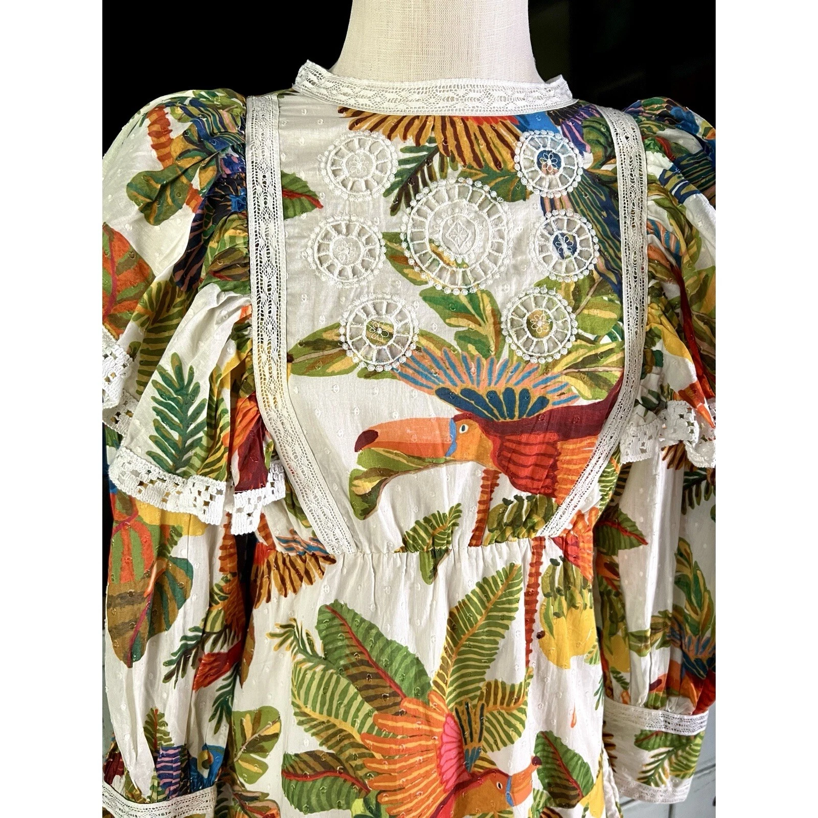 OFF WHITE Mini abito nuovo con etichette Farm Rio Off White Forest Birds stravagante maniche lunghe pizzo XS