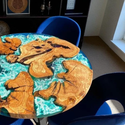24” Blue Resin River Coffee Table – Round Acacia Wood Handmade Ocean Design - Picture 4 of 7
